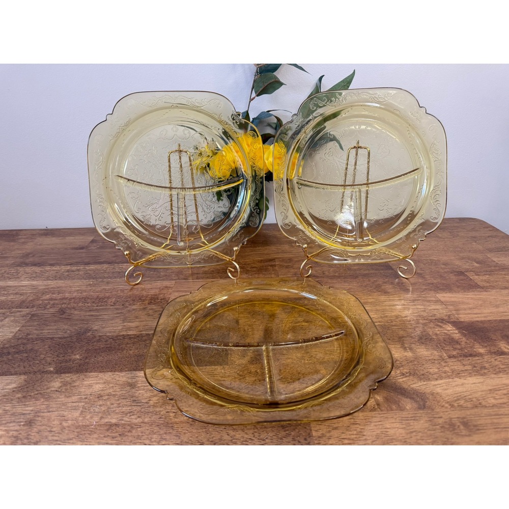 Vintage Federal‎ Glass Madrid Amber Divided Relish Plates Set 3 Depression Glass